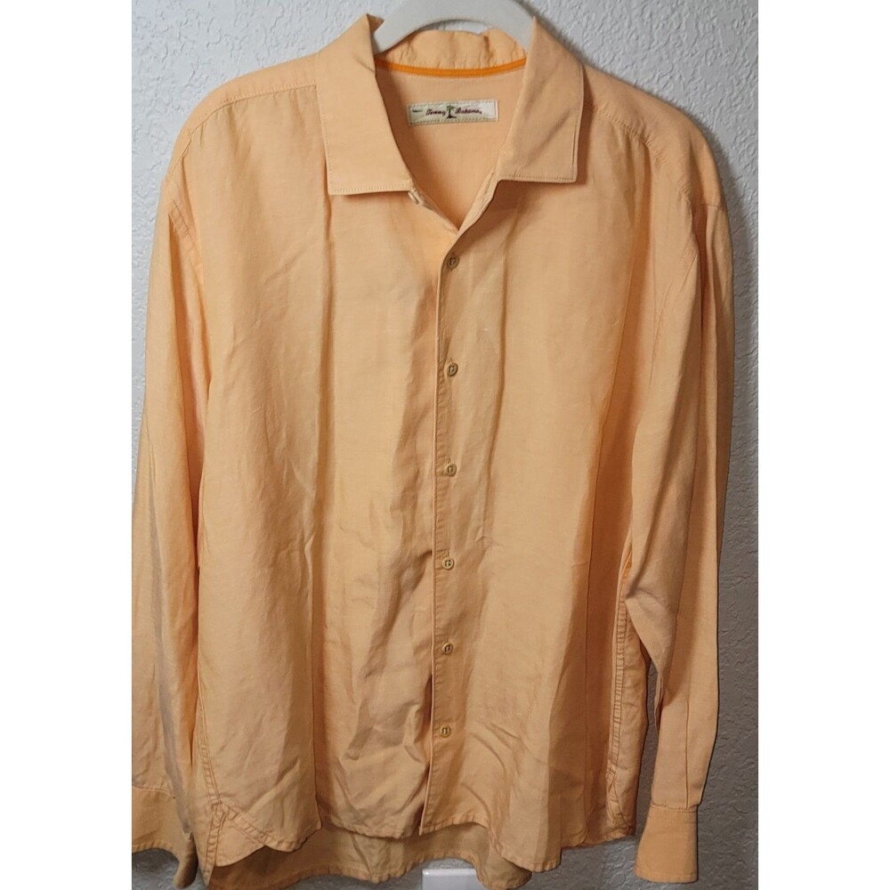 Tommy Bahama Mens Large Linen Lyocell Button Front Shirt Peach Short Sleeve
